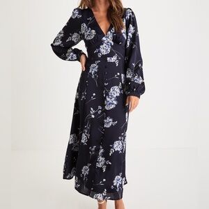 Lulus Beautiful Details Navy Blue Floral Long Sleeve Midi Dress NWT